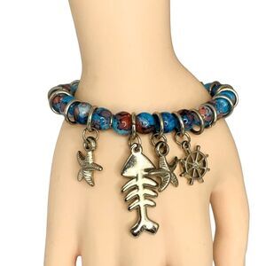 Vintage Nautical Fish Bracelet 7" Silver Tone Blue Glass Beaded Ocean Vacation